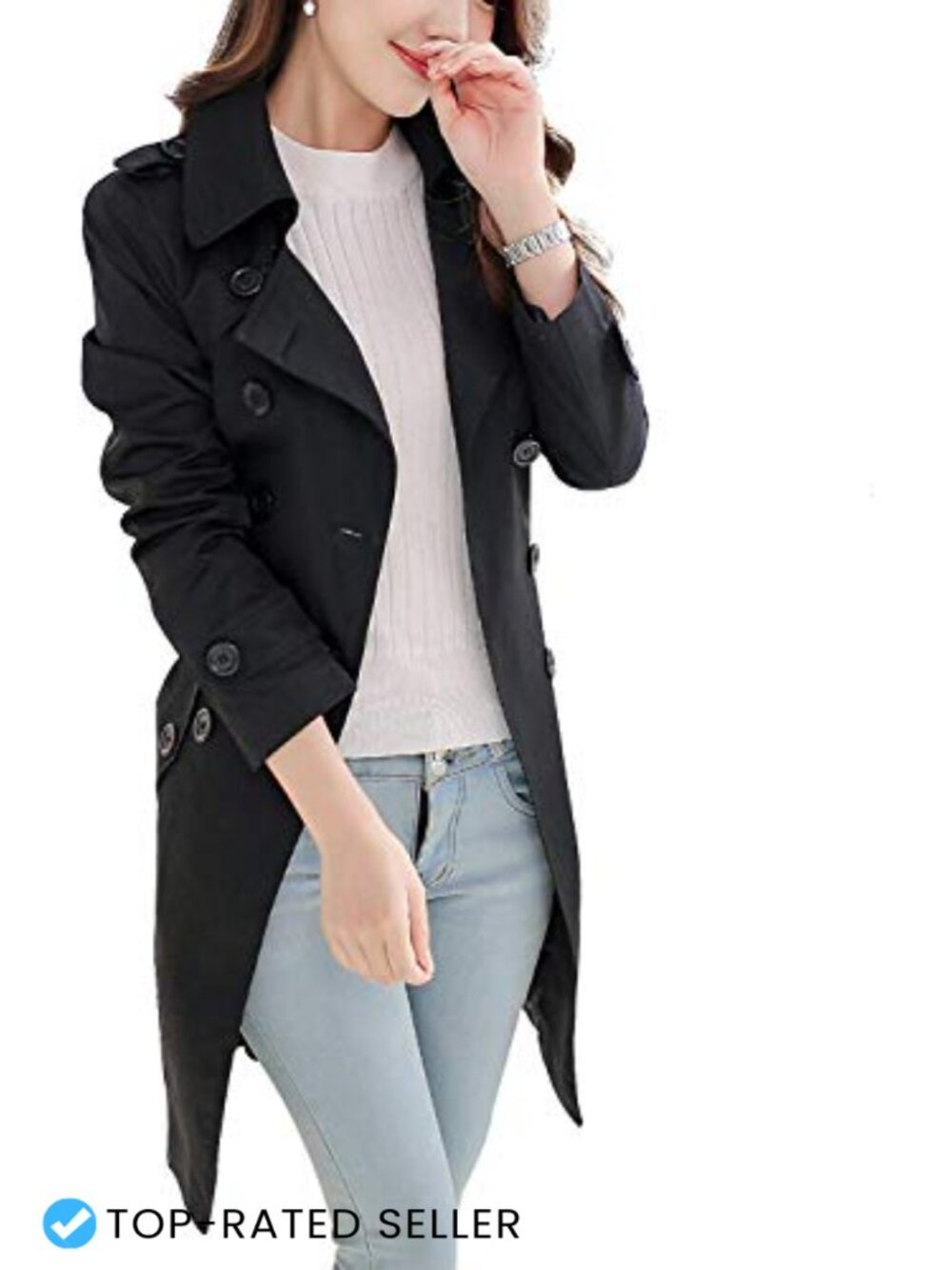 Women's Double-Breasted Trench Coat Classic Lapel Slim Belted Waterproof